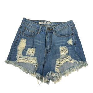 Machine Distressed Denim High-Waisted Shorts Medium Frayed Hem Casual Style